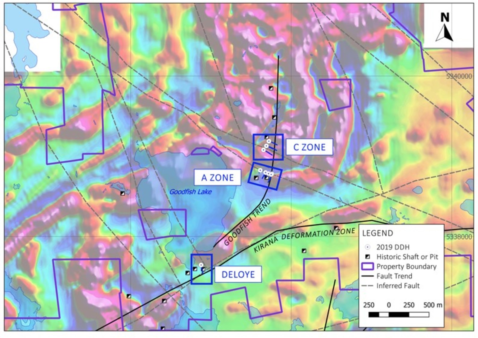 Map 2. Location of winter drilling areas: Deloye, A Zone and C Zone on regional magnetic map.