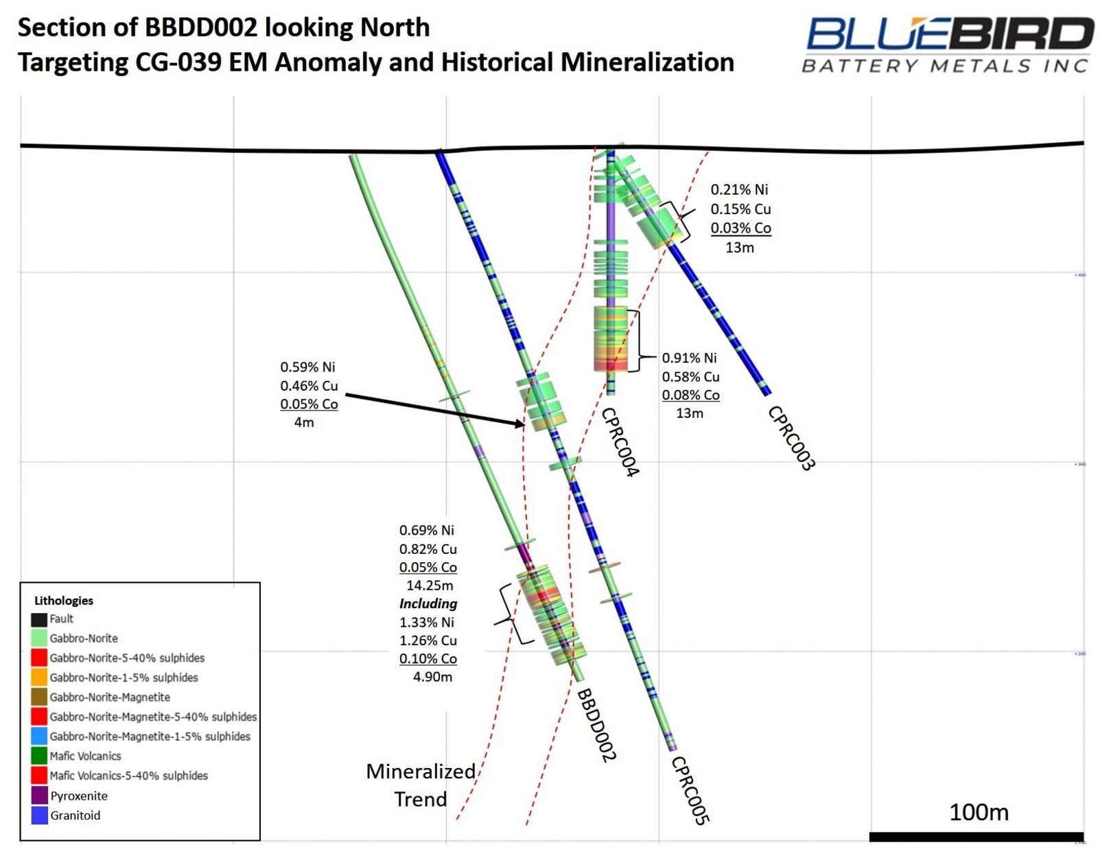 Figure 2: Canegrass Property – CG039 Target Drill Section looking North