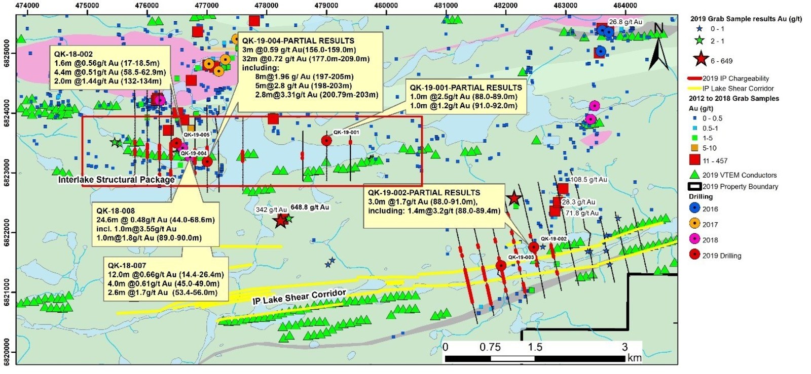 Figure 4:  Interlake and IP Lake Shear Zone Areas – Geology and Drilling Results to–date