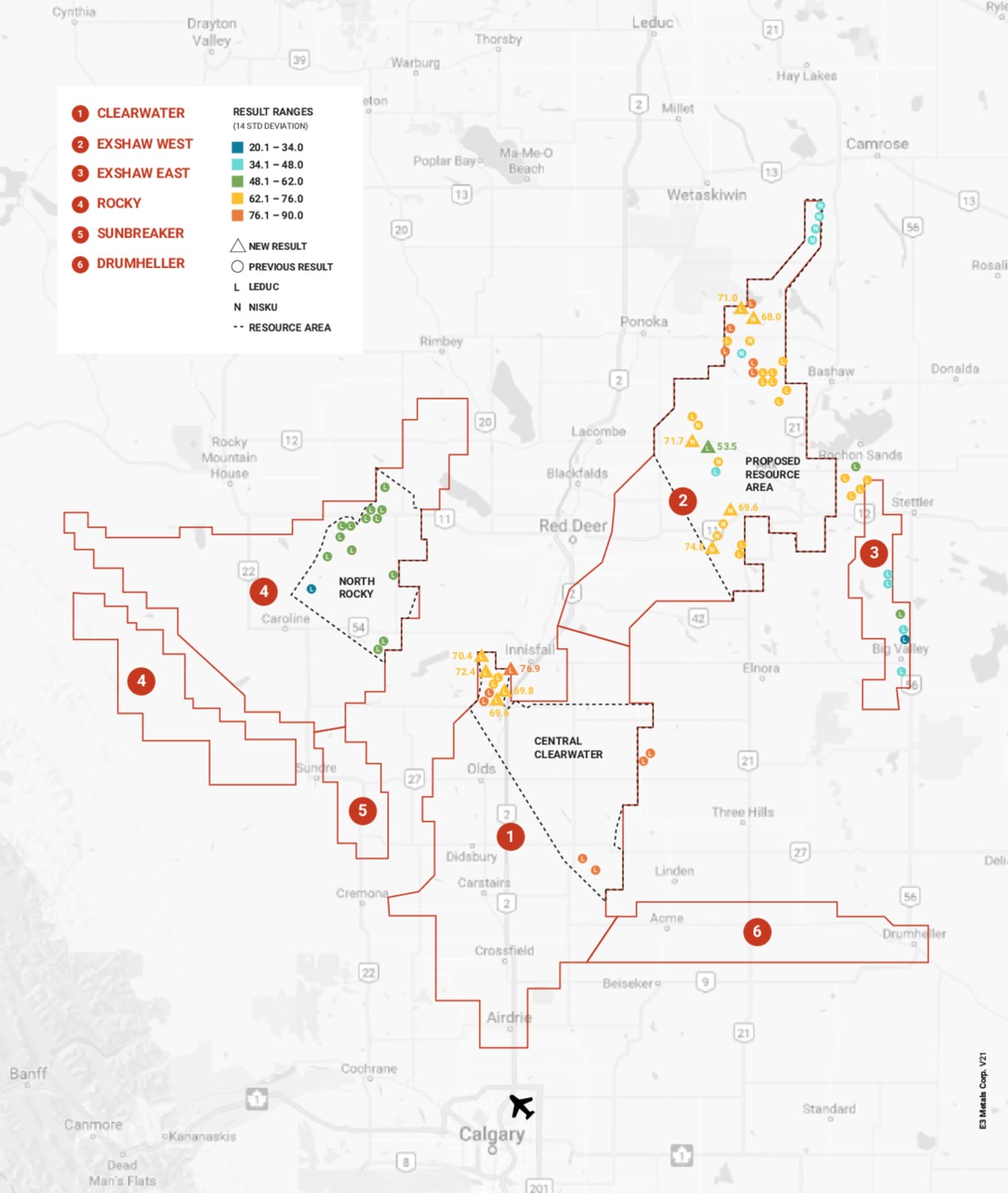 Figure 1: E3 Metals permit areas with previously announced sampling results and new sampling results. Mineral resource areas are indicated with black dashed lines.