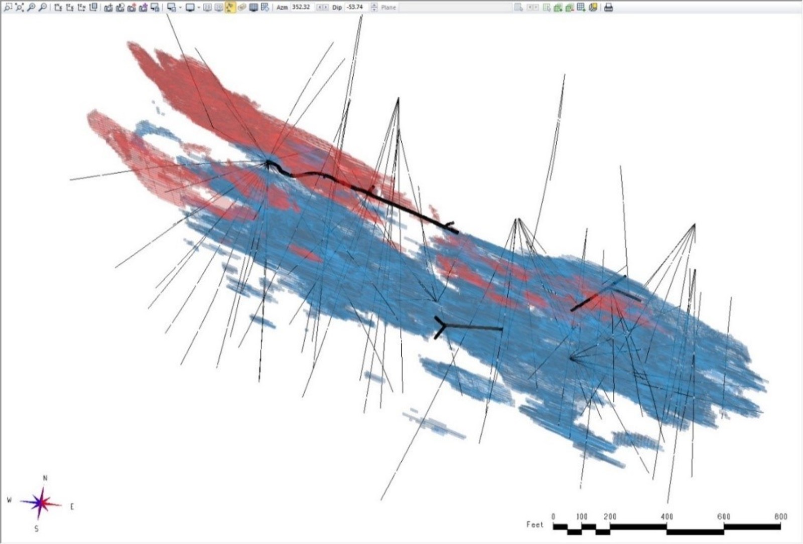 Figure 3. Cobalt grade shells modelled from 2017 and 2018 assay results. Higher grade copper grade shells are distinct and generally overlap with cobalt mineralization.