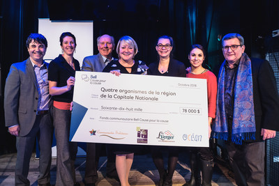 Martine Turcotte, présidente, direction du Québec, Bell; Régis Labeaume, maire de Québec; Émilie Villeneuve, Conseillère du District de Saint-Louis–Sillery; et les représentants des quatre organismes récipiendaires du Fonds communautaire Bell Cause pour la cause (Groupe CNW/Bell Canada)