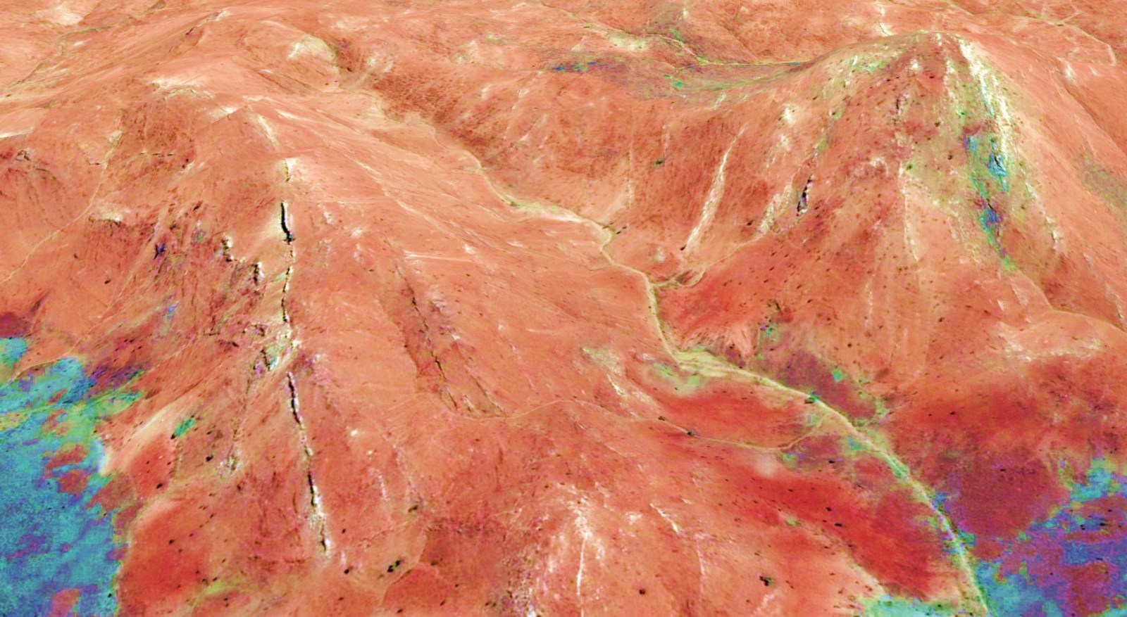 Figure 4. Vertically exaggerated view of the inset in Figure 3, showing the resistant nature of the larger quartz vein structures.