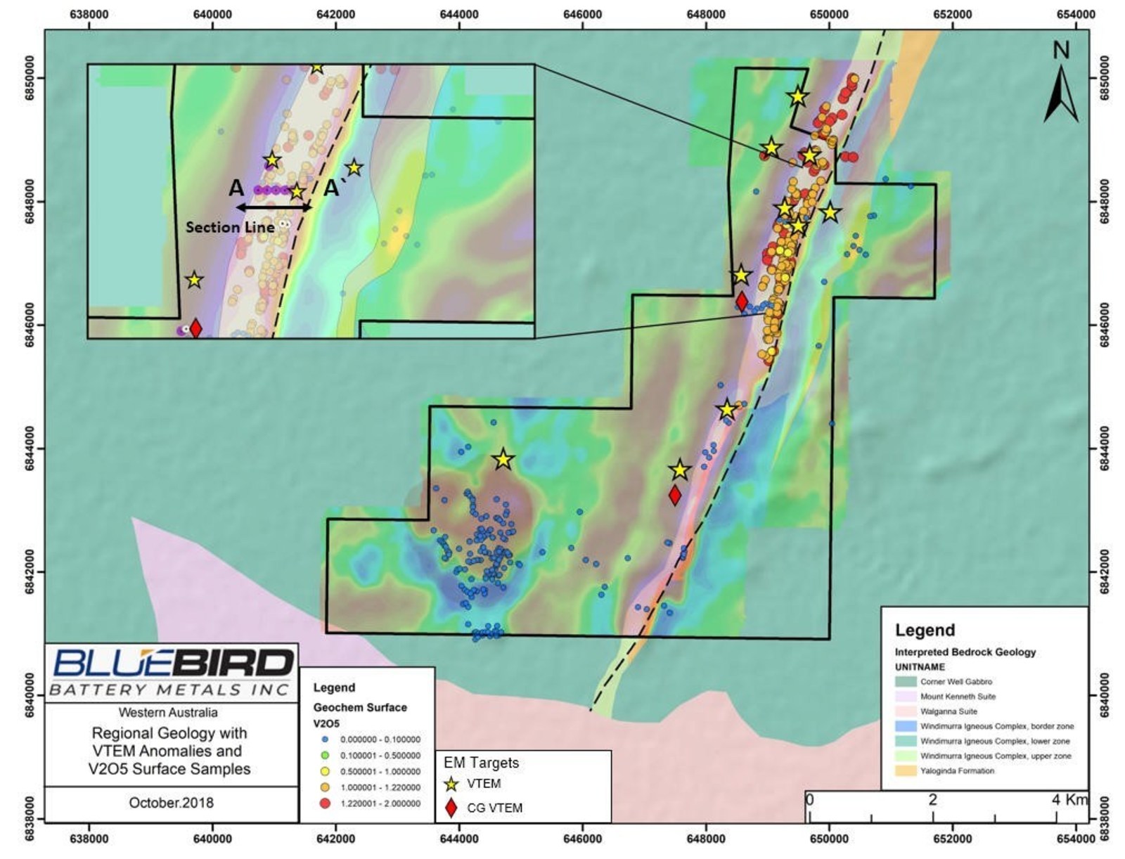 Figure 1 - Canegrass Property – High Resolution Airborne Magnetics with Historical V2O5 Surface Rock Chips