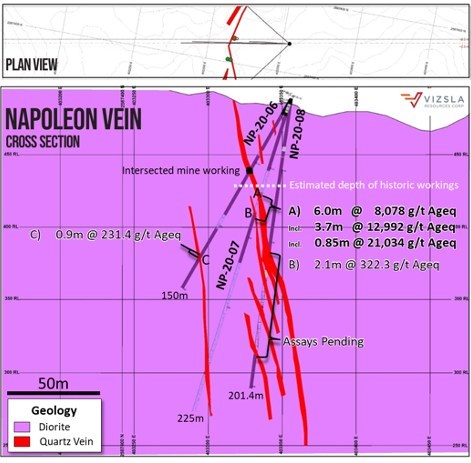 Vizsal | Cross section through holes NP-20-06, NP-20-07 and NP-20-08. (CNW Group/Vizsla Resources Corp.)