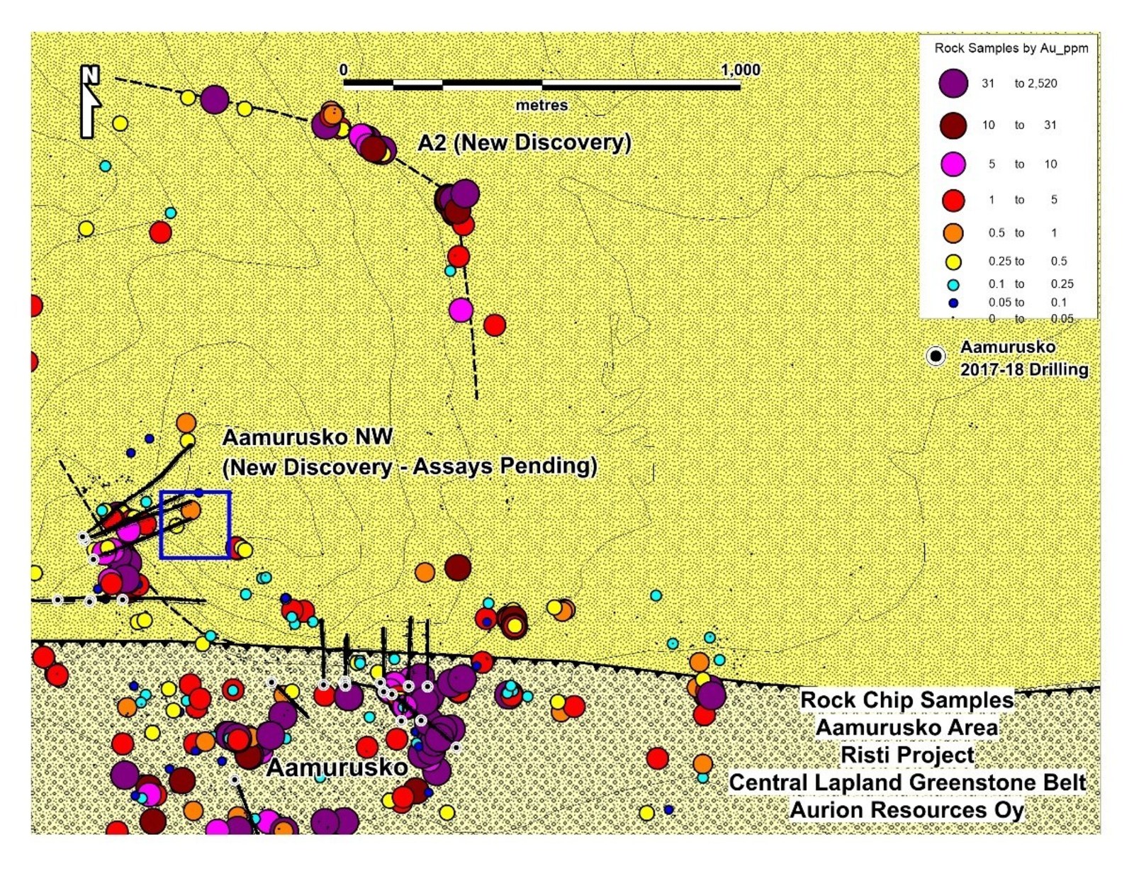 Figure 2: Two new high grade discoveries at Aurion's Risti Project