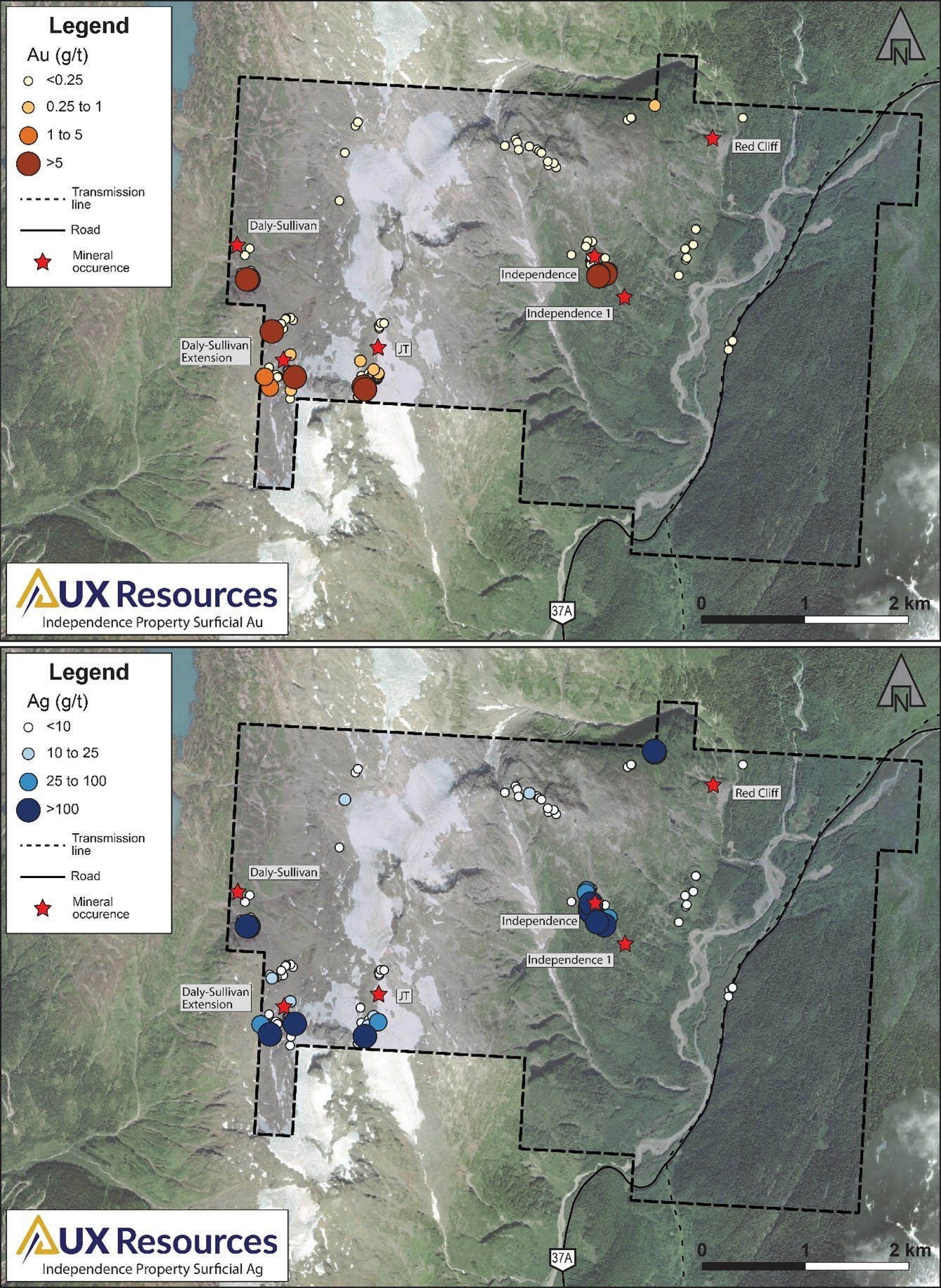 Figure 2. Independence – gold and silver values from all samples collected in 2019 and 2020. (CNW Group/AUX Resources Corporation)