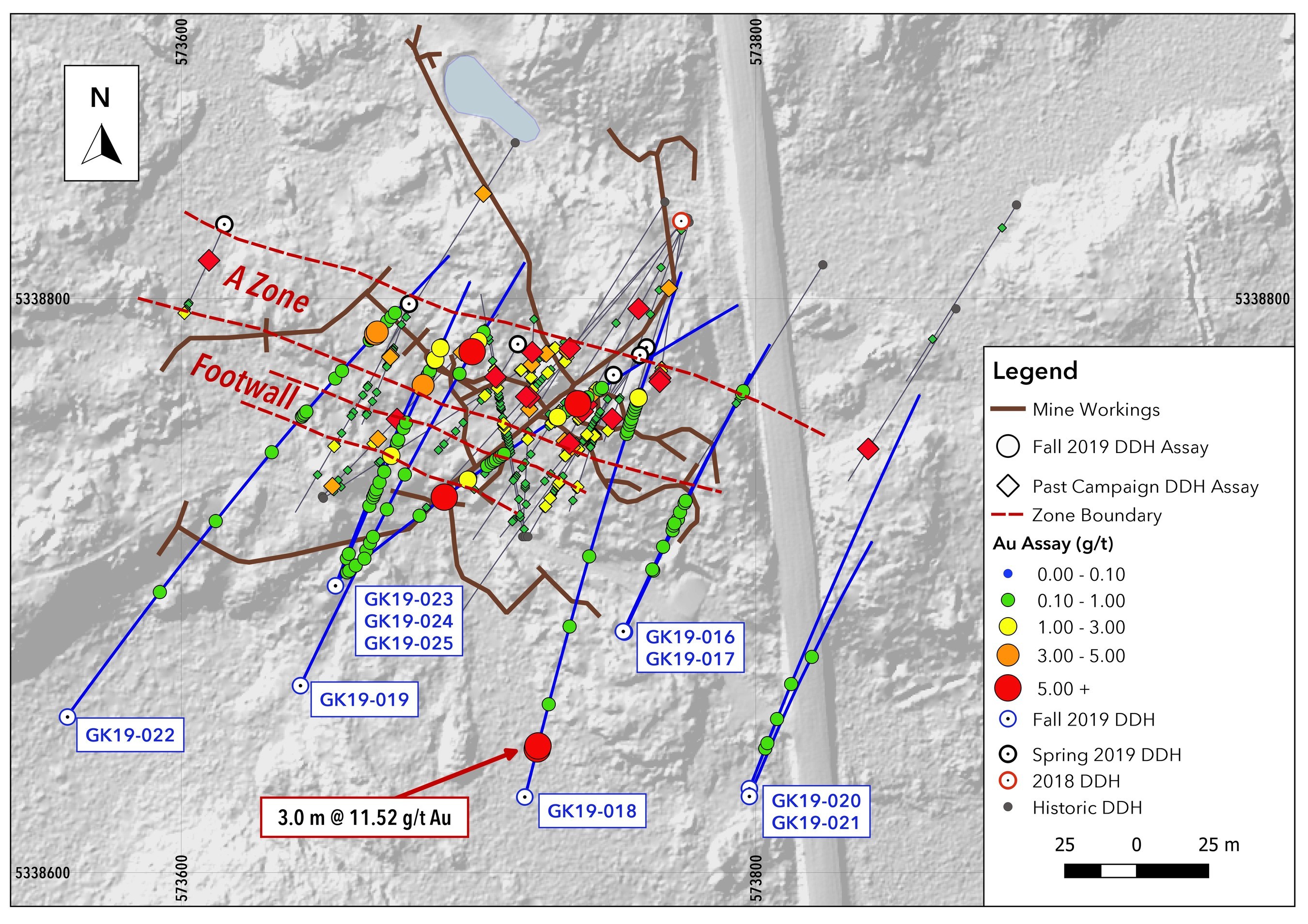Map 2. LiDAR plan map of “A” Zone with Fall 2019 drill hole locations and assay results. (CNW Group/Warrior Gold Inc.)
