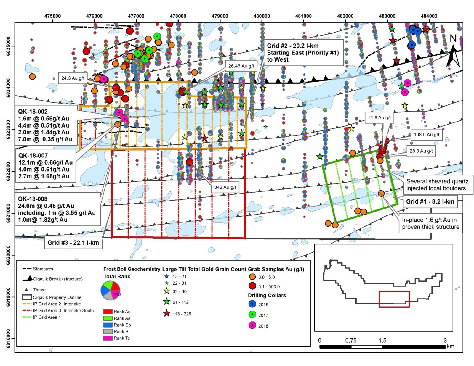 Figure 1: Planned IP Survey Coverage Area on the Qiqavik Property. Note that grab samples are selective by nature and values reported may not be representative of mineralized zones. Drill intervals reported in this news release are down-hole core lengths as true thicknesses cannot be determined with available information.