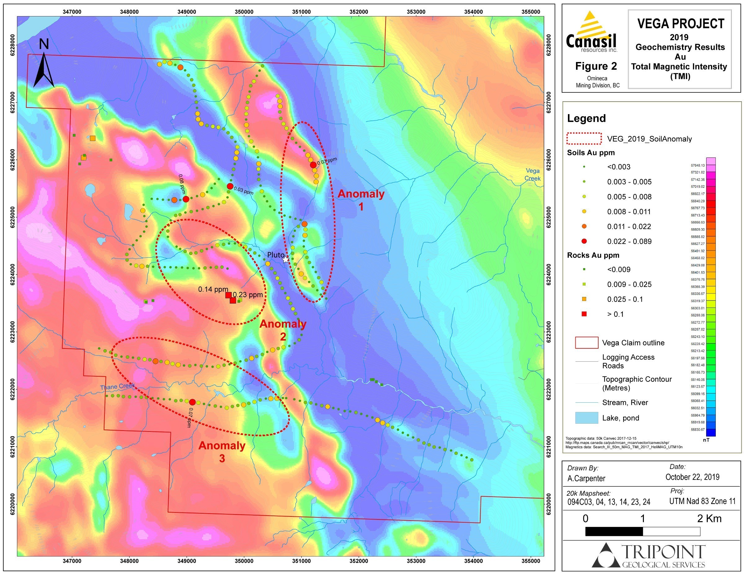 2019 Canasil Vega Project, Western Area Magnetic and Soil Anomalies Confirm High Priority Copper-Gold Targets (CNW Group/Canasil Resources Inc.)