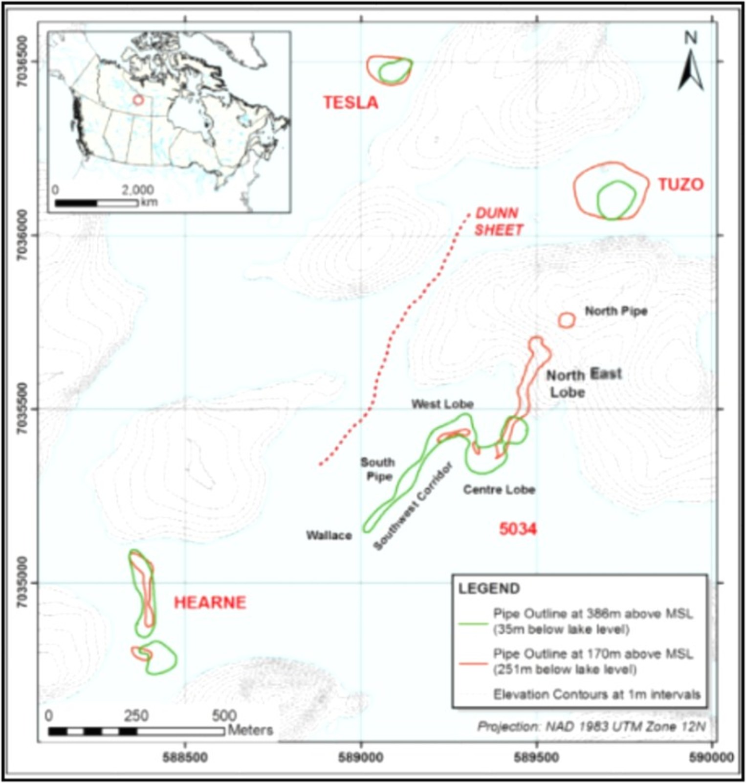 Figure 1: Location of the 5034, Hearne, Tuzo, Tesla and North Pipe kimberlite bodies.