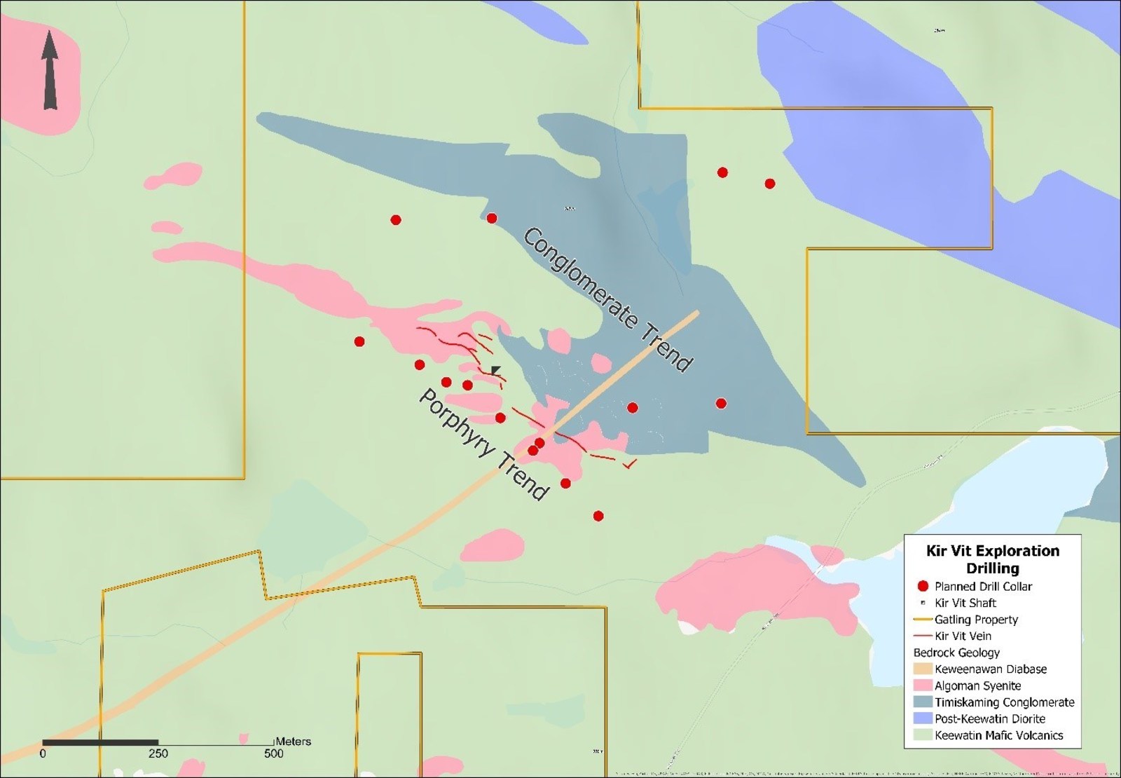 Figure 4. Kir Vit property surface drilling status map showing local geology.