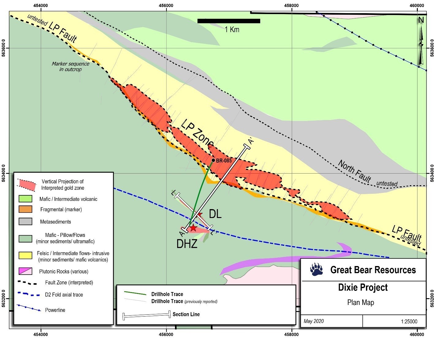 Figure 3: Map showing the locations of the cross section and long section in Figures 1 and 2. A to A' represents the cross section in Figure 1, while L to L' represents the long section in Figure 2. (CNW Group/Great Bear Resources Ltd.)