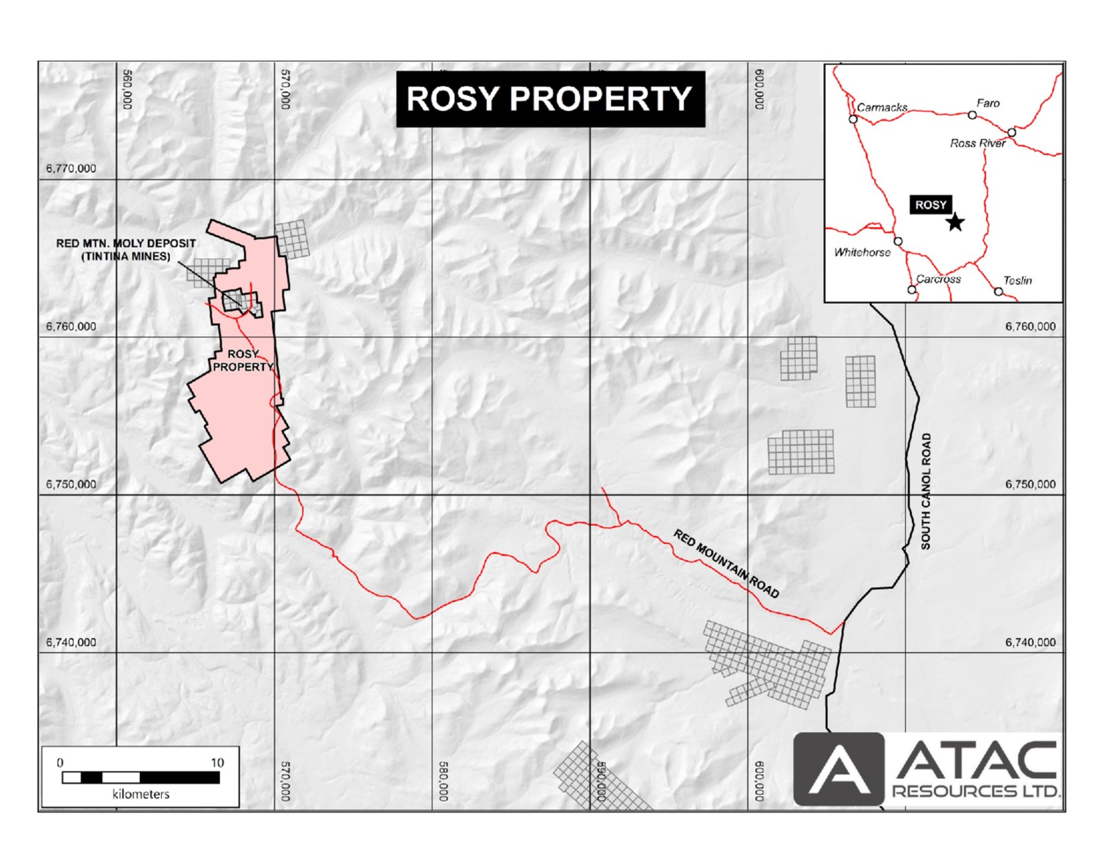 The Rosy property is located on the Red Mountain access road, 77 km east-northeast of Whitehorse, Yukon.