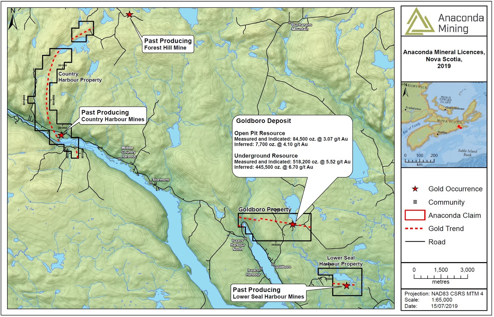 Exhibit A. A map of South Eastern Nova Scotia showing the location of the Goldboro Project and the recently acquired Country Harbour and Lower Seal Harbour properties. The mineral resource for the Goldboro Deposit is taken from the technical report titled “GOLDBORO PROJECT, MINERAL RESOURCE UPDATE AND PRELIMINARY ECONOMIC ASSESSMENT - GUYSBOROUGH COUNTY, NOVA SCOTIA”, with an effective date of December 10, 2018 and a Mineral Resource effective date of July 19, 2018