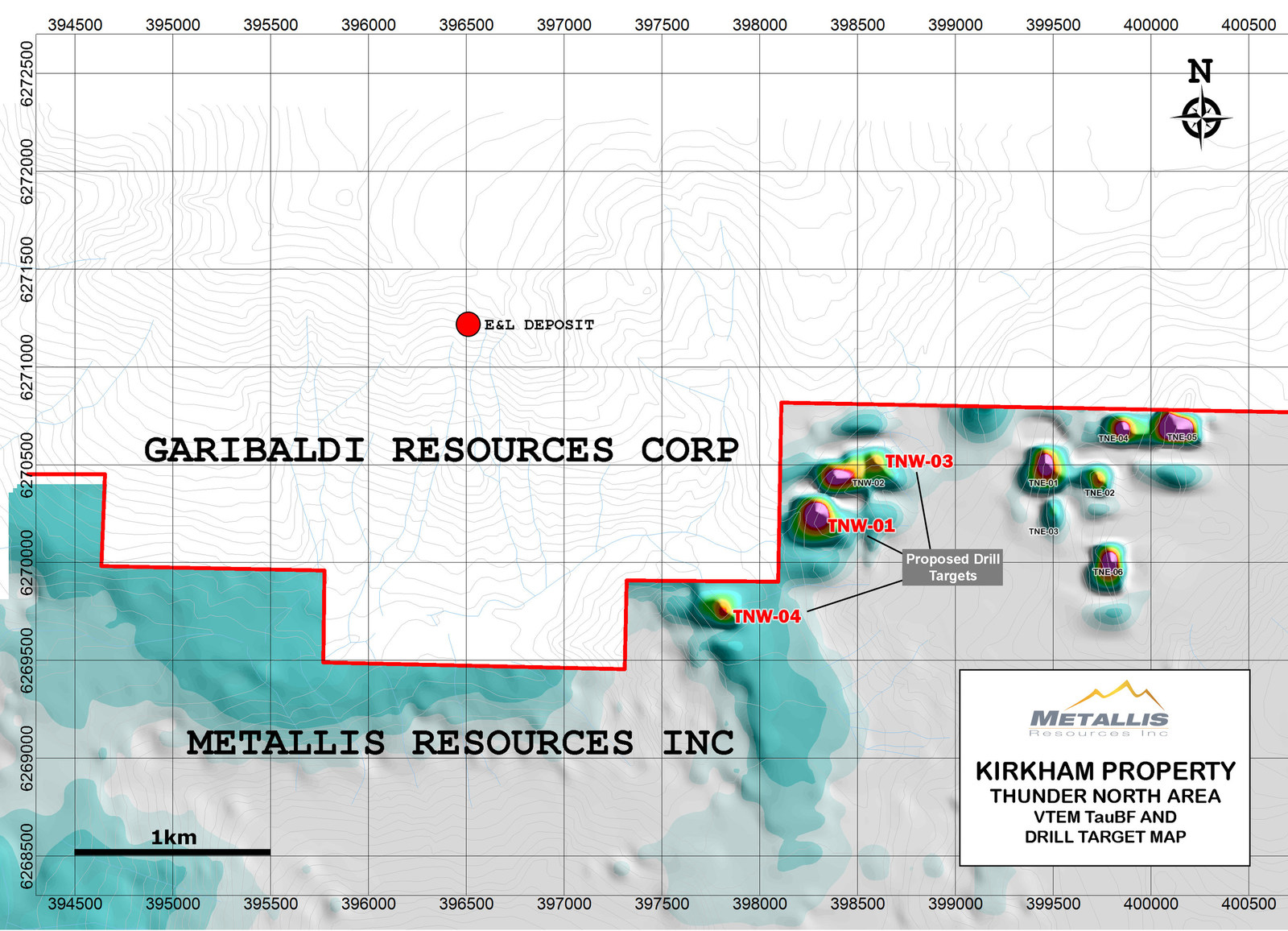 Metallis Resources Inc
Kirkham Property 
Thunder North Area 
VTEM TauBF and Drill Target Map