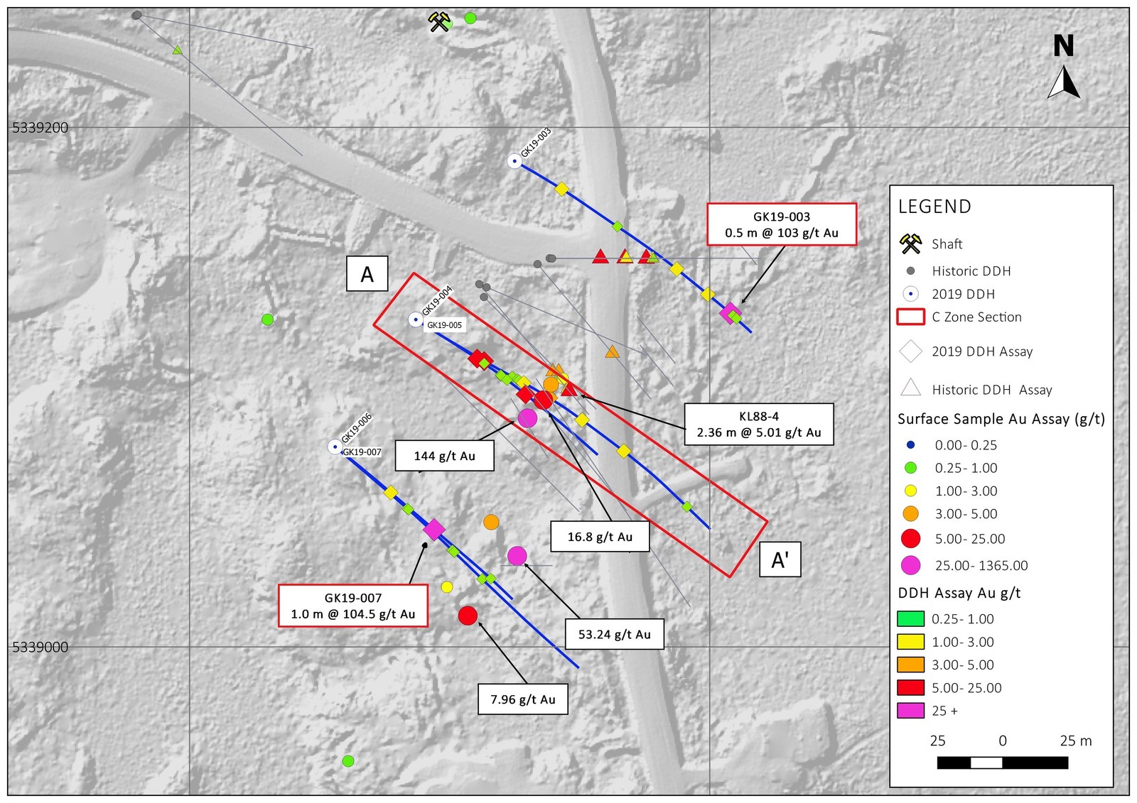 Map 3. LiDAR plan map of drill hole locations at C Zone.