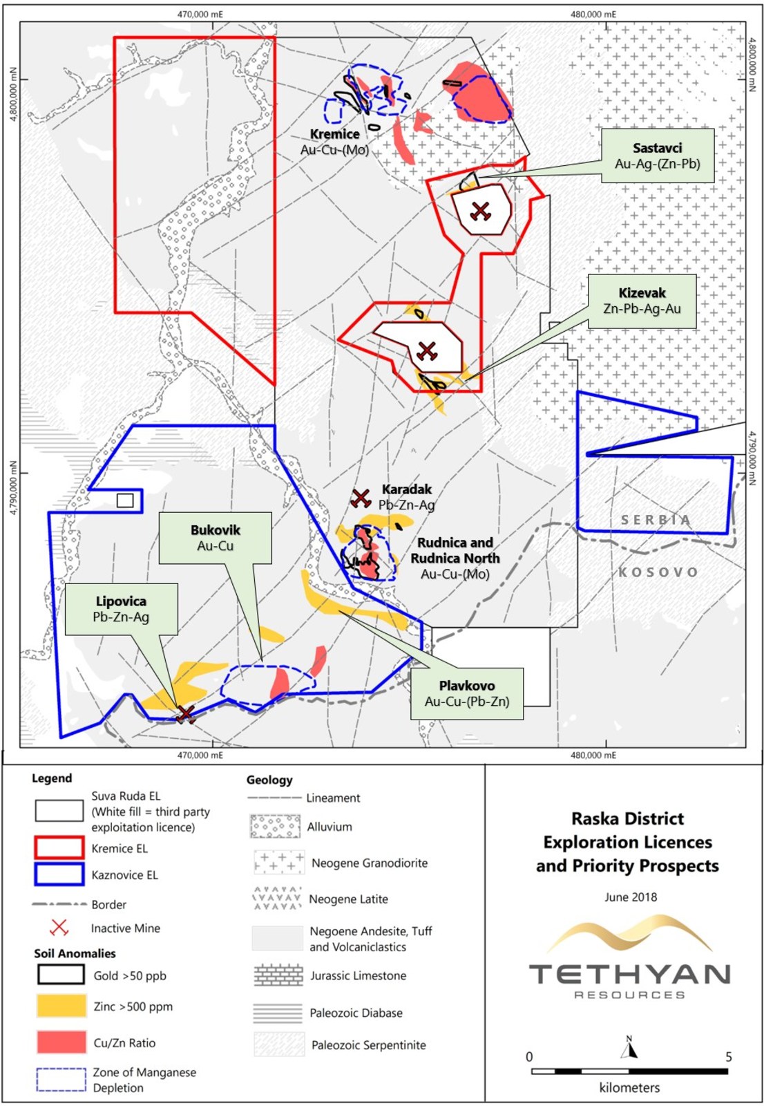 Figure 1: Raska Ore District overview, showing all of Tethyan’s Serbian exploration licenses owned via the acquisition of Taor, or held by Tethyan under an option agreement, and known exploration targets within these licenses.