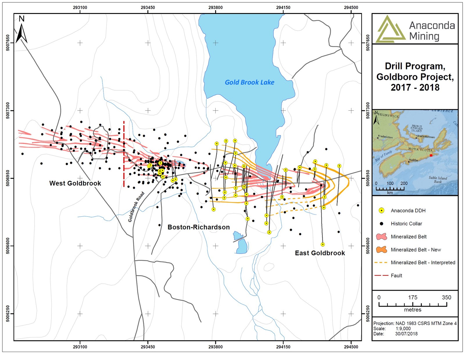 Exhibit A. A map showing the Goldboro Deposit, associated drill holes completed by the Company to date and the expansion of the deposit to the east by 100 metres.