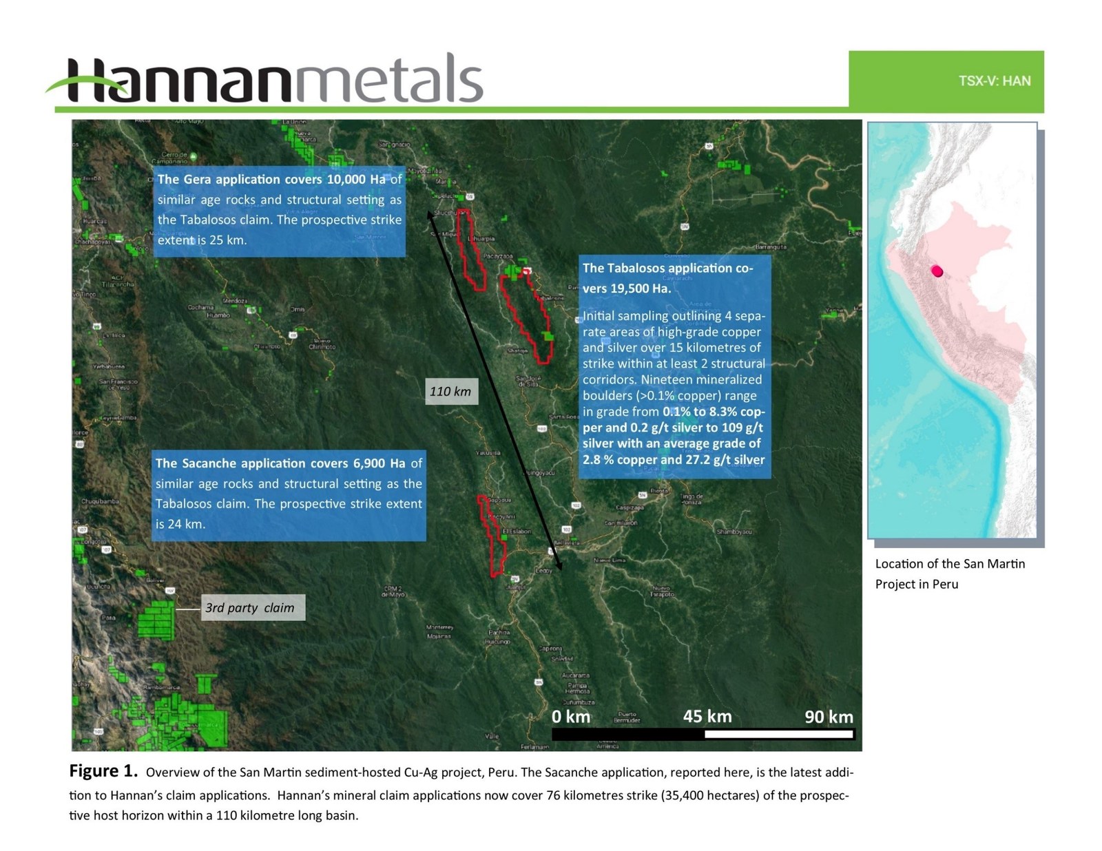 Figure 1. Overview of the San Martin sediment-hosted Cu-Au project, Peru. The Sacanche application, reported here, is the latest addition to Hannan's claim applications. Hannan's mineral claim applications now cover 76 kilometres strike of the prospective host horizon within a 110 kilometre long basin.