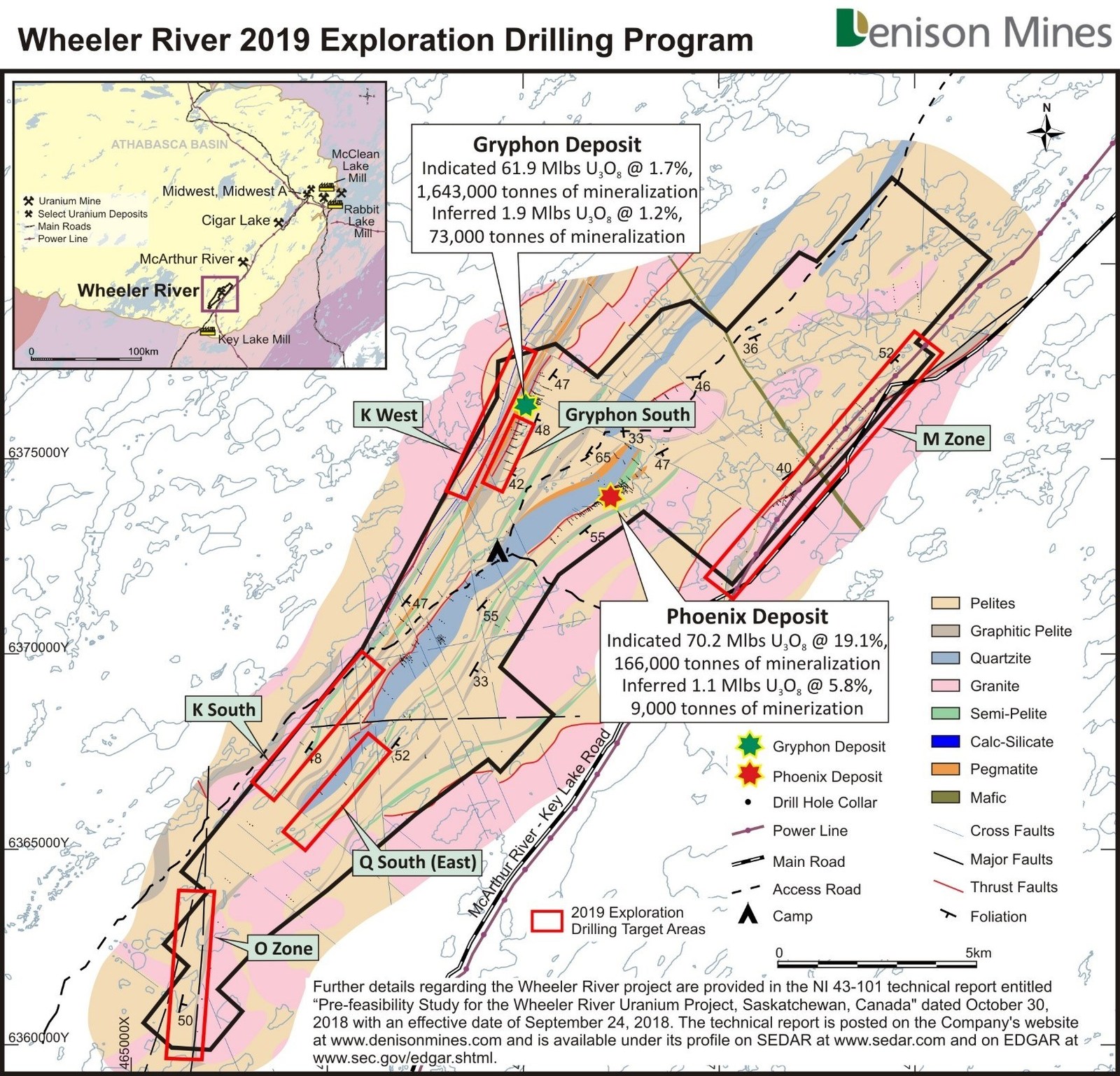 Figure 2: Location of the high priority regional target areas planned for exploration drill testing in 2019, shown on the Wheeler River basement geology map.