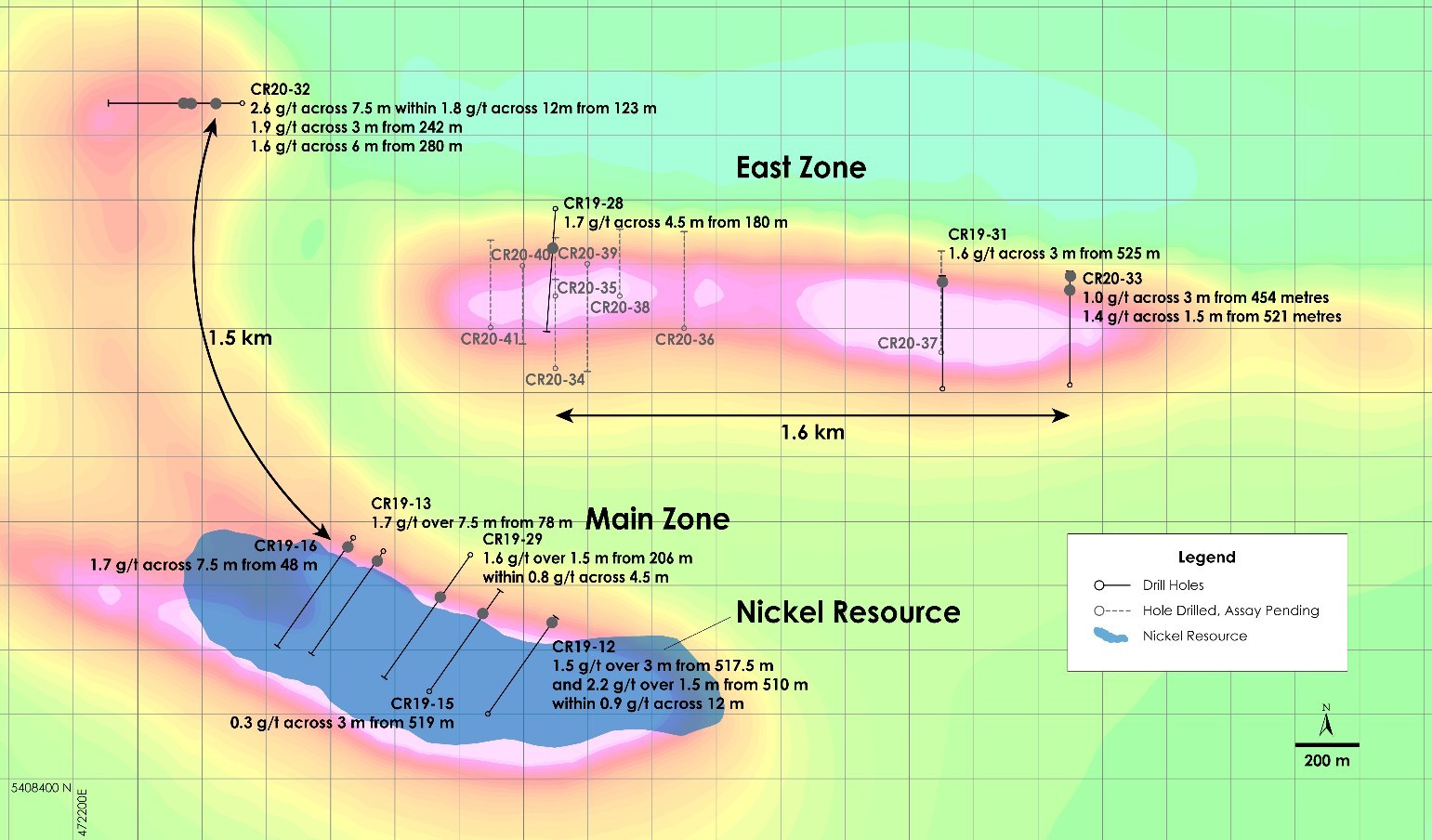 Figure 2 – Plan view of PGM Zone - Recent drilling overlain on total field magnetic intensity, Crawford Nickel-Cobalt Sulphide Project, Ontario. (CNW Group/Canada Nickel Company Inc.)