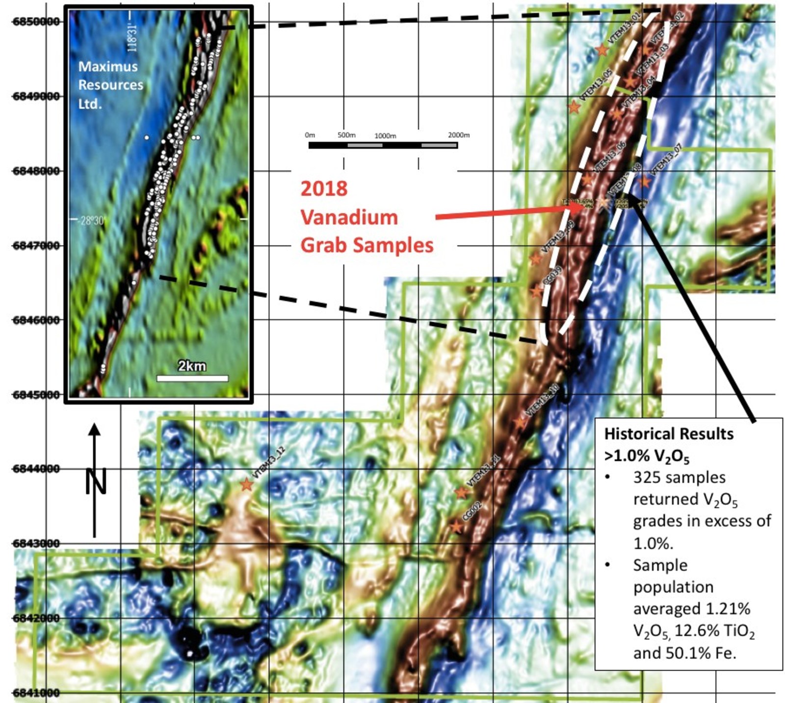 Figure 1: Canegrass Property – High Resolution Airborne Magnetics and Maximus Resources Sampling Grid Inset