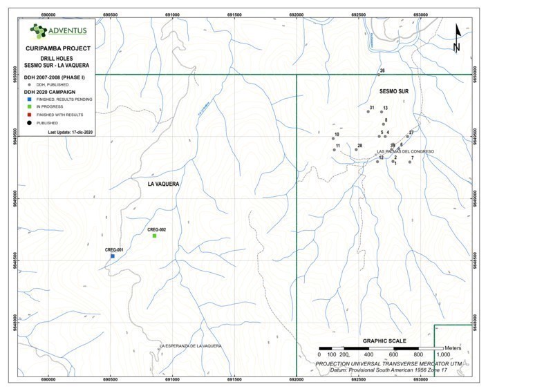 Collar Location Map for Drill Holes at La Vaquera as at December 21, 2020 News Release (CNW Group/Adventus Mining Corporation)