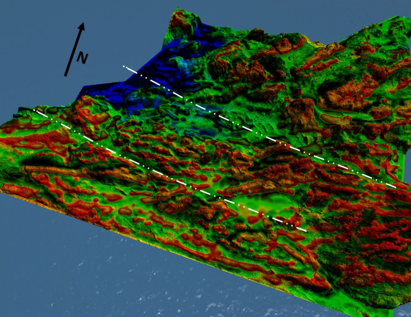 Figure 3. 3d view of Figure 2, looking across the regional structural fabric. The map is generated by combining a 3m resample of 1m Lidar elevation map with a first vertical derivative map of the total magnetic intensity. In the resulting map, the red areas are more magnetically chaotic and correlate highly with higher terrain elevations.