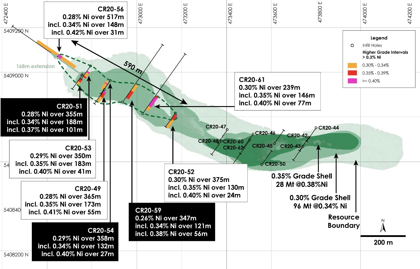 Figure 2 - Plan View of Main Zone Nickel Resource including Newly Defined Higher Grade (>0.35% nickel) Mineralization, Crawford Nickel-Cobalt Sulphide Project, Ontario. (CNW Group/Canada Nickel Company Inc.)