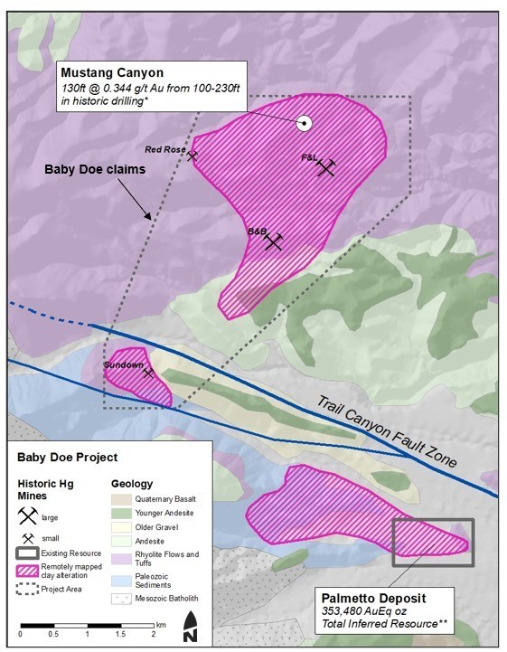 Geologic map of Baby Doe project area showing areas of alteration, mercury occurrences and adjacent, outcropping gold systems (CNW Group/Orogen Royalties Inc.)