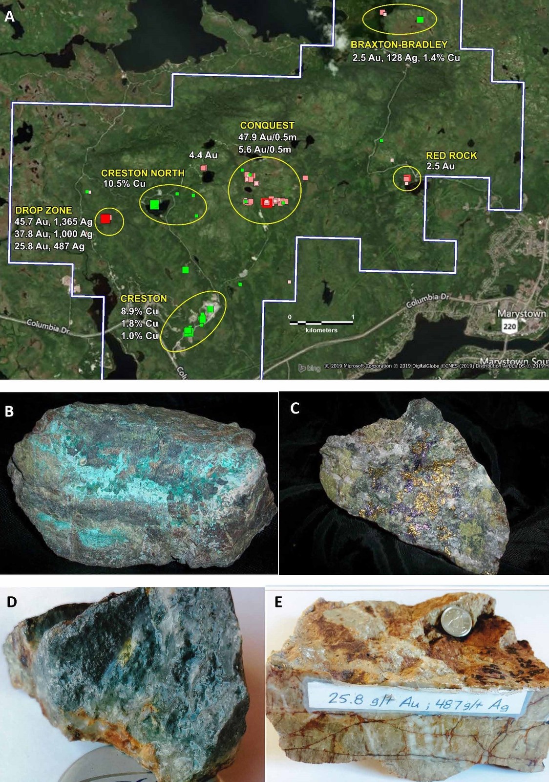 A) Map Showing the 5 gold and 2 copper occurrences at Root & Cellar. B) Malachite and copper sulphides from Creston North. C) Bornite and Chalcopyrite from Creston. D) Visible gold from Conquest Zone. E) High grade gold and silver from Drop Zone.