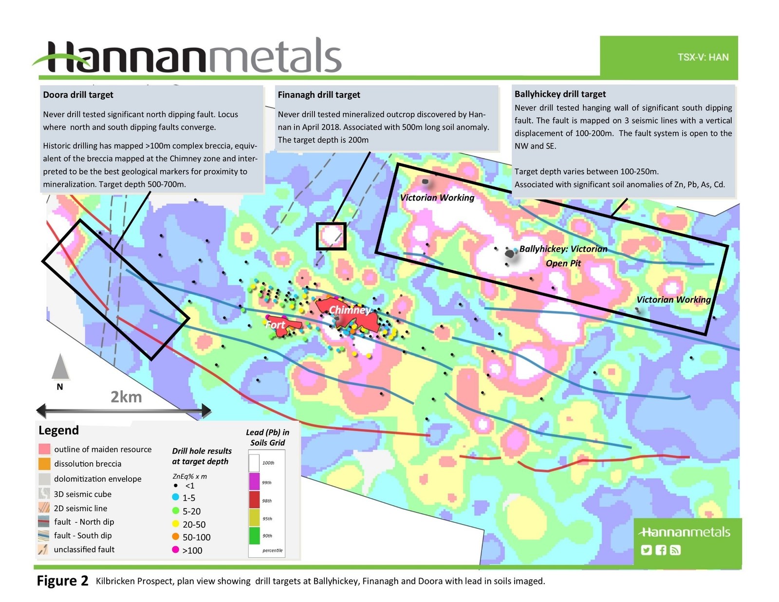 Figure 2 Kilbricken Prospect, plan view showing drill targets at Ballyhickey, Finanagh and Doora with lead in soils imaged.