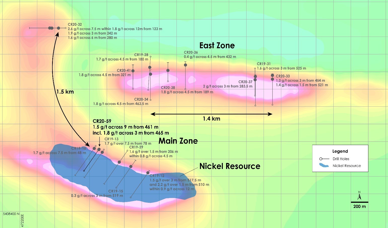 Figure 3 – Plan view of PGM Zone - Recent drilling overlain on total field magnetic intensity, Crawford Nickel-Cobalt Sulphide Project, Ontario. (CNW Group/Canada Nickel Company Inc.)