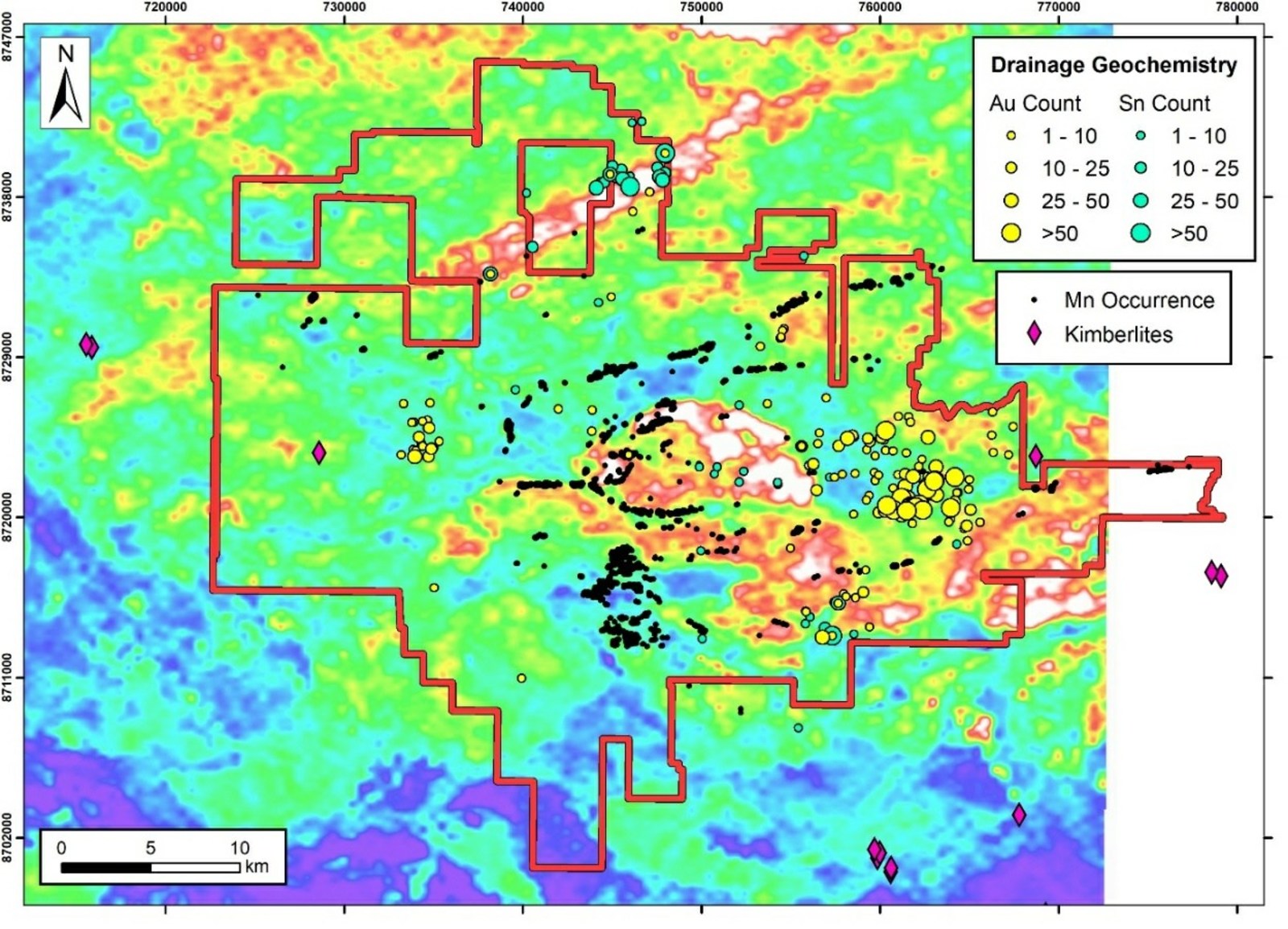 Figure 1: Distribution of manganese oxide mineralisation over CPRM “Total Count” radiometric data, along with gold and tin anomalies defined by pan concentrate stream sampling.