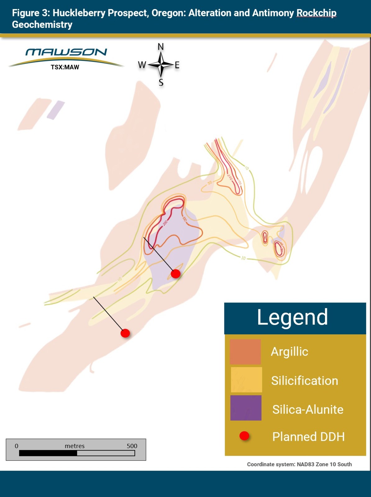 Figure 3: Huckleberry Prospect, Orgeon: Alteration and Antimony Rockchip Geochemistry