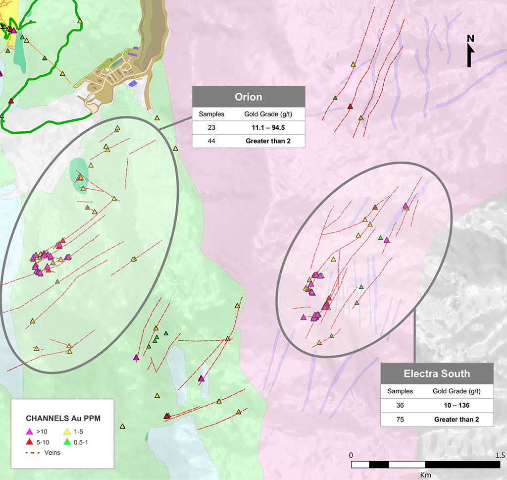 Figure 2: Orion and Electra South Vein Systems and Gold Grades in Channels (CNW Group/Continental Gold Inc.)