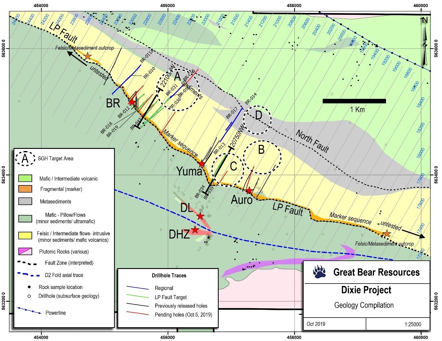 Figure 3: Drill collar traces, mapped geology, and new SGH drill targets.  SGH testing along the LP Fault was only undertaken over a 4 kilometre by 2 kilometre area centred over the Bear-Rimini to Auro area. (CNW Group/Great Bear Resources Ltd.)