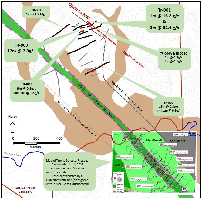 Figure 2:   Results and Geology of current trenching program at Epeius.  Showing location of High grade Intersections of 2m @ 62.4g/t and 1m @ 16.2g/t at the north eastern corner of the presently trenched area. Note mapped mafic volcanic -sediment contact and significant change in strike from N-S to NW and co-incidence of the contact with the mapped NW striking shear zone.  Trenches for which result have been received – black, trenches for which results are awaited – grey. (CNW Group/Tajiri Resources Corp.)