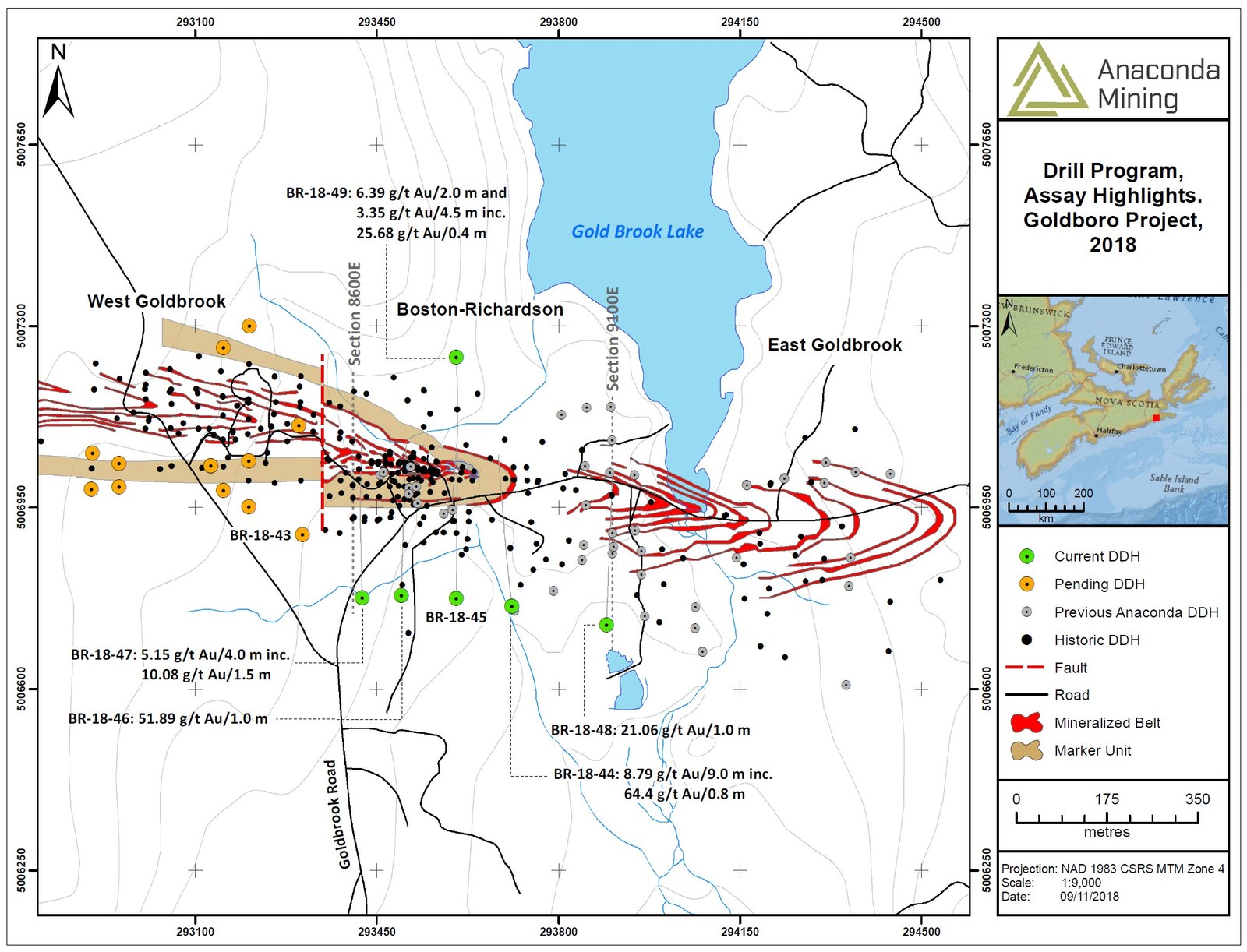 Exhibit A. A map of the Goldboro Deposit showing the location of drill holes reported in this press release, drill collar locations at West Goldbrook area where drilling has been initiated as well as historic collars.