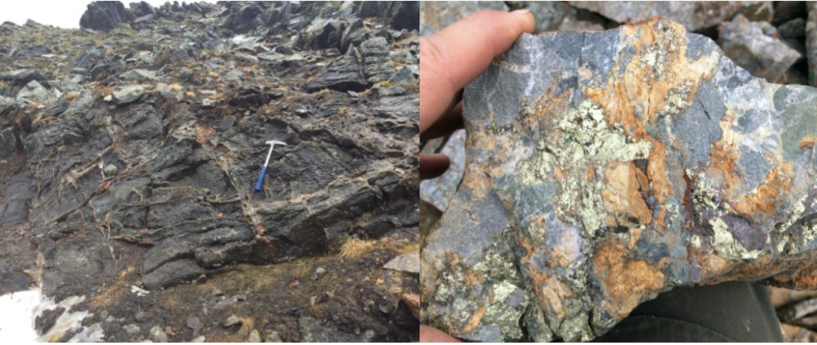 Figure 1 - Example of stockwork vein zones flanking ridgeline ridgeline outcrops at Burfjord.