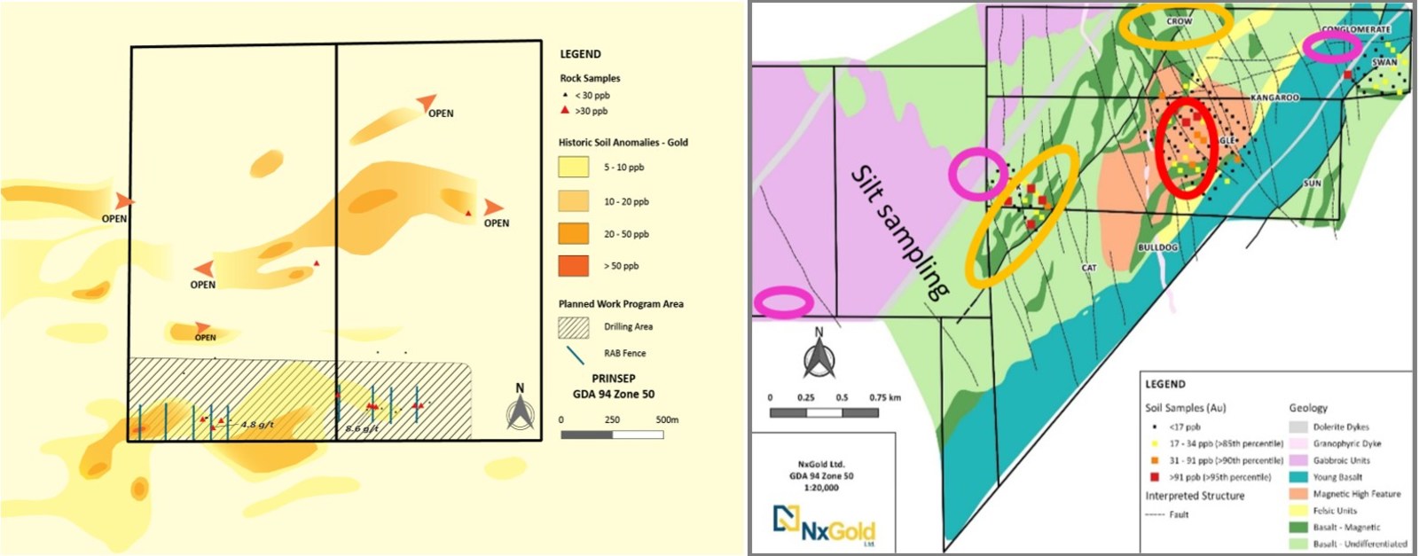 Figure 1: Locations of proposed activities; silt sampling on new grants, gridded soils, soils/air core/RAB, and trenching leading to potential further mid-year drilling.