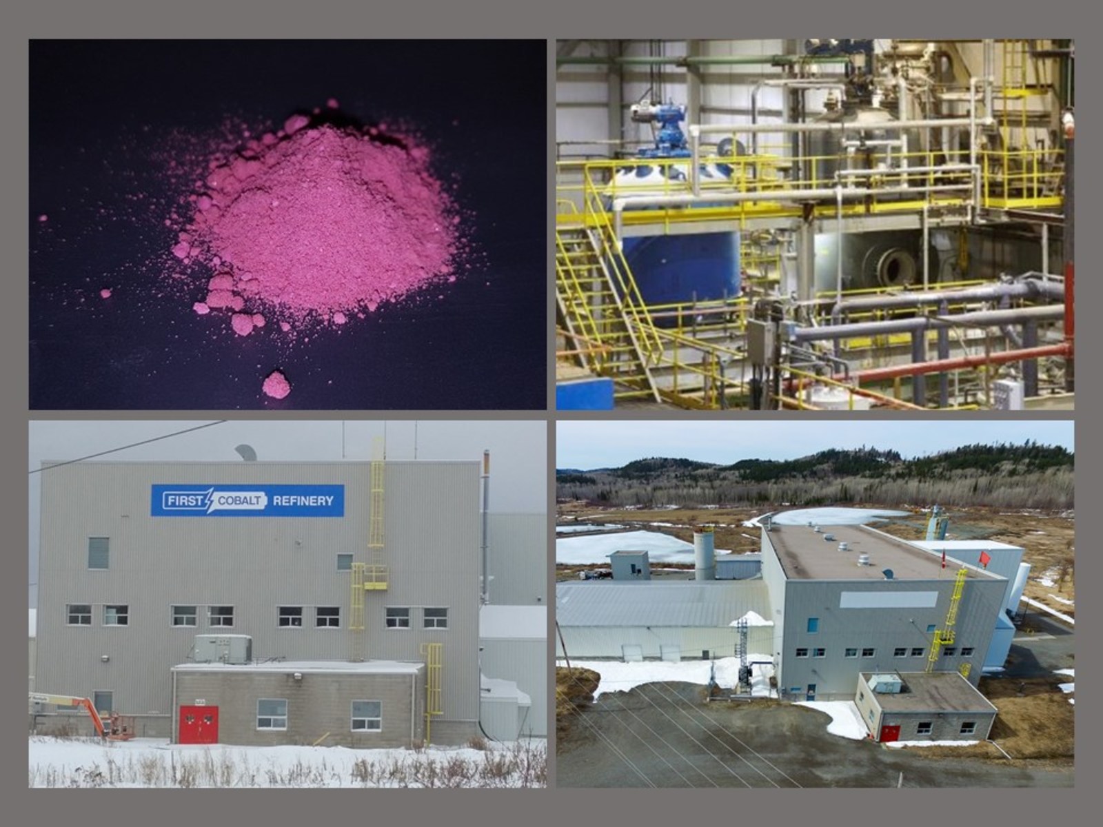 Image 1. First Cobalt Refinery exterior, interior and cobalt sulfate material