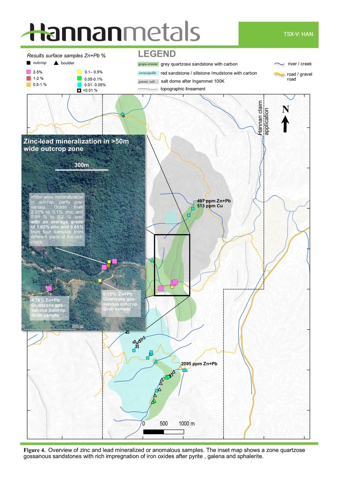 Figure 4. Overview of zinc and lead mineralized or anomalous samples. The inset map shows a zone quartzose gossanous sandstones with rich impregnation of iron oxides after pyrite, galena and sphalerite.