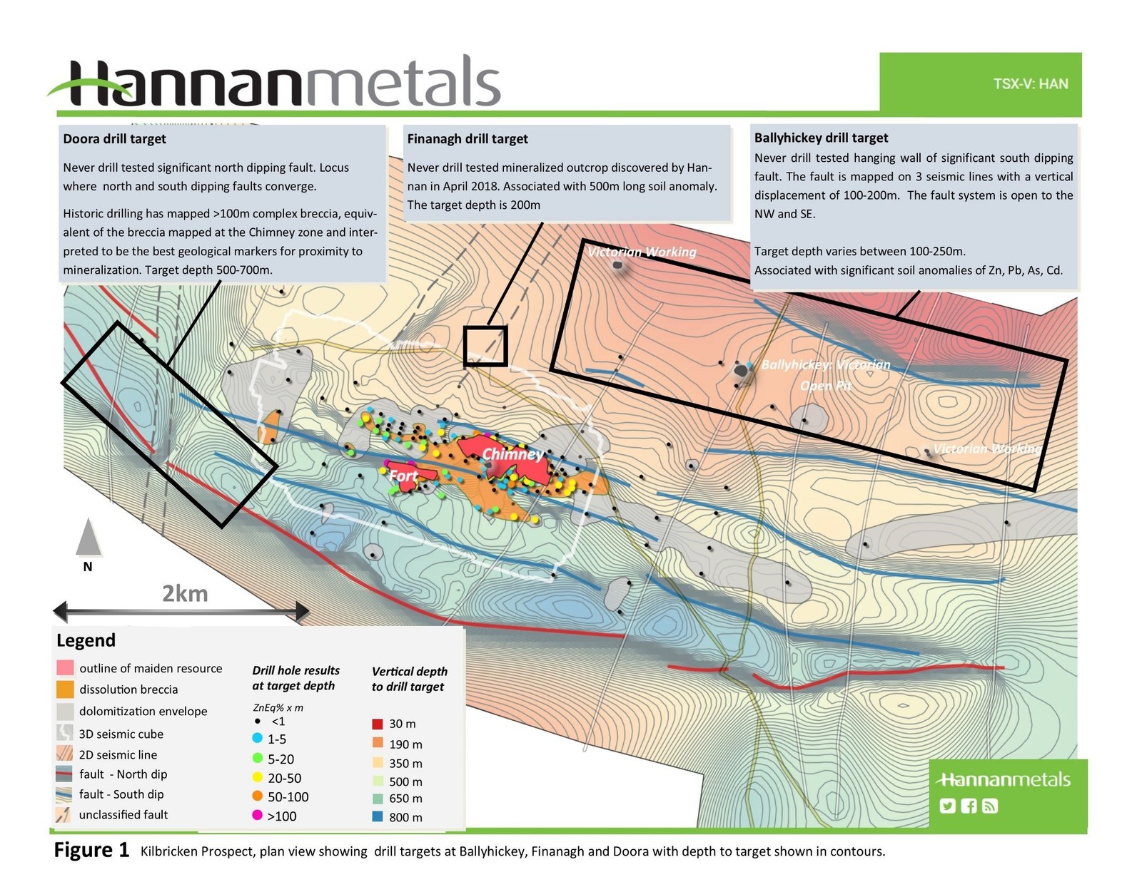 Figure 1  Kilbricken Prospect, plan view showing drill targets at Ballyhickey, Finanagh and Doora with depth to target shown in contours.