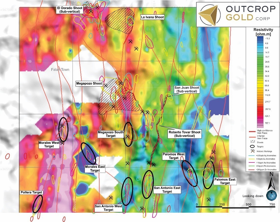 Map 3:Gradient resistivity. Resisitivity can map silica and quartz  both in alteration zones and veins, but the linears that may represent high quartz veins are more subtle. Where both IP and resisitivity anomalies coincide it is more likely that a vein zone and related alteration is being mapped. (CNW Group/Outcrop Gold Corp.)