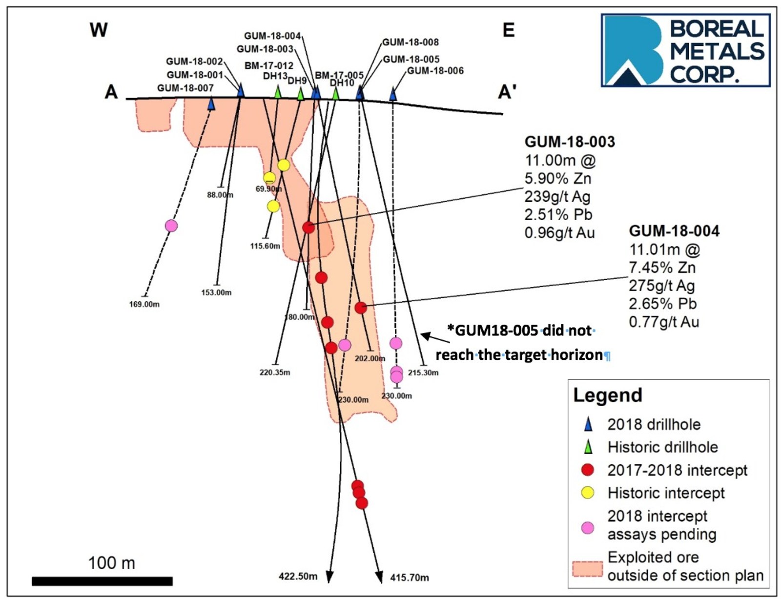 Figure 2. Longitudinal section showing distribution of drill intercepts at Östra Silvberg.
