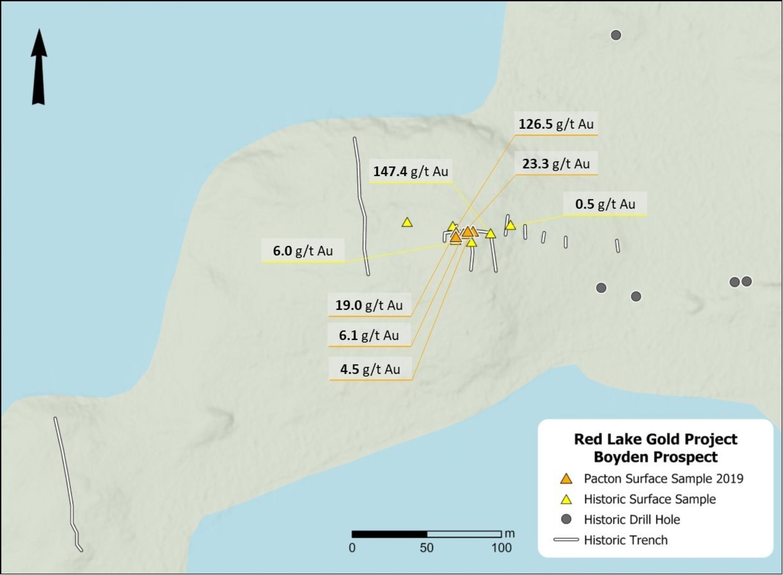 Figure 1. Boyden prospect area showing recent sample locations collected by Pacton with historic trenching, sampling and drilling locations.