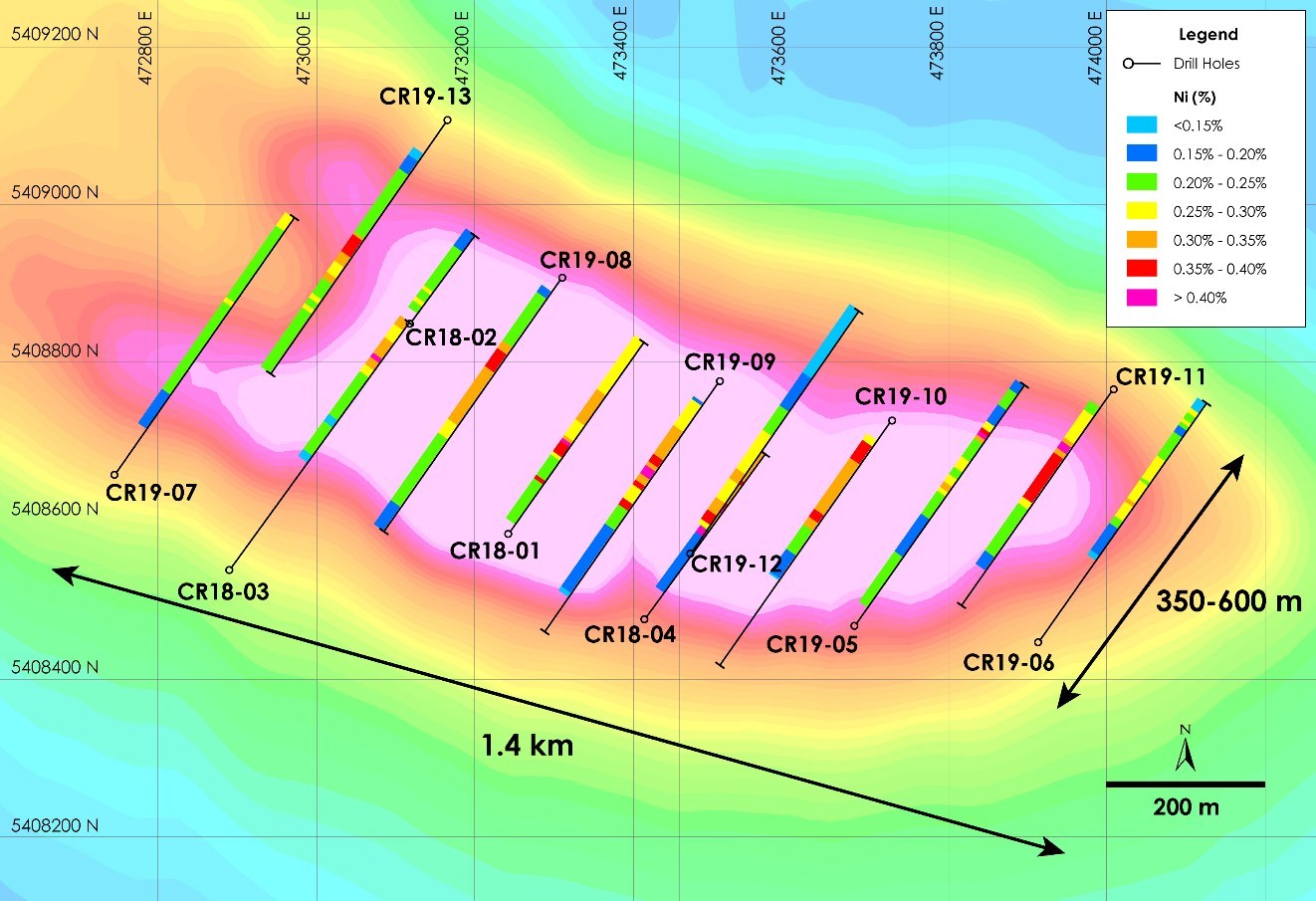 Figure 1 – Crawford Nickel-Cobalt Project - Plan View of 2018 and 2019 Drilling (CNW Group/Noble Mineral Exploration Inc.)