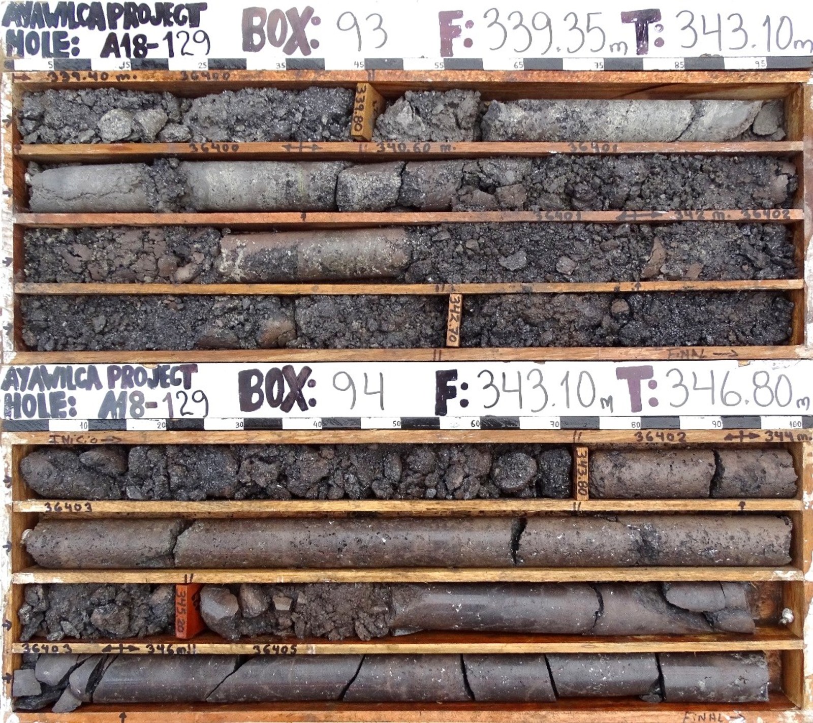 Figure 1.  Drill core from hole A18-129 
The interval from 339.4 to 351.3 metres grades 40 % zinc
